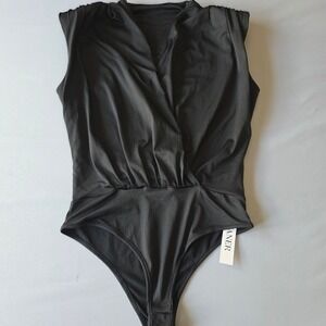 Lyaner Bodysuit Medium Sleeveless Mock Ruched Casual Sophosticated Black squared